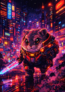 Cyberpunk Hamster Warrior with Neon Sword