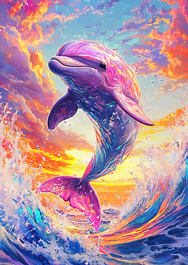 Vibrant Dolphin Jumping in Sunset Waves