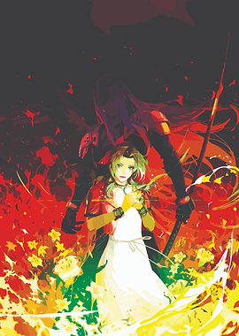 Sephiroth and Aerith in a fiery floral scene