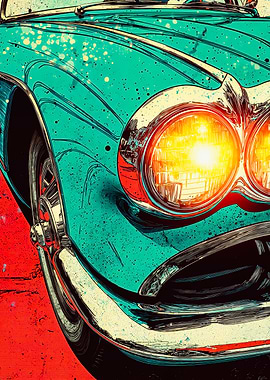 Vintage Teal Car Glowing Headlights