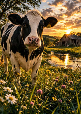 Cow in a field at sunset