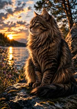 Cat at Sunset by the Lake