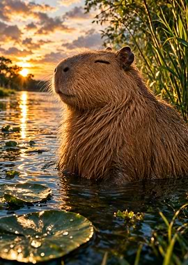 Capybara enjoying a sunset in water