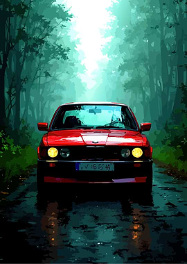Red BMW driving through a misty forest
