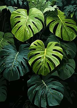 Monstera Leaves with Water Droplets