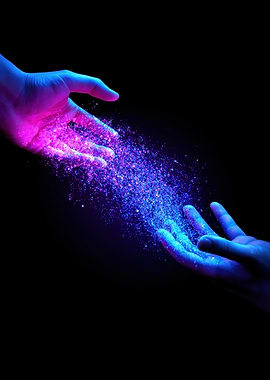 Hands Reaching with Glittering Particles