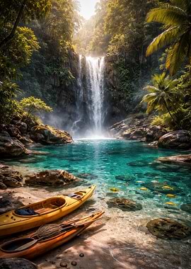 Tropical Waterfall Paradise with Kayaks
