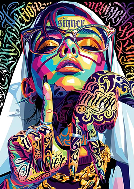 Vibrant Pop Art Portrait of a Tattooed Woman