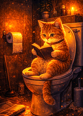 Cat reading on a toilet