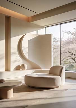 Modern Living Room with Cherry Blossoms