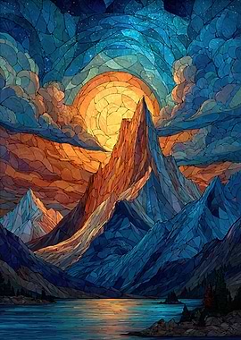 Stained Glass Mountain Sunset Over Lake
