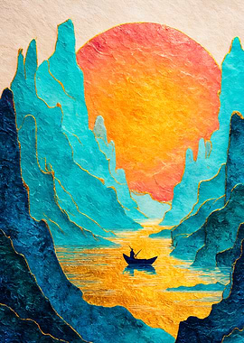 Boat Sunset Teal Mountain Landscape