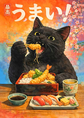Black Cat Eating Sushi and Tempura