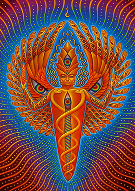 Psychedelic Angelic Figure with Eyes and Snakes