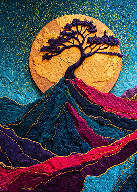 Purple tree golden sun landscape