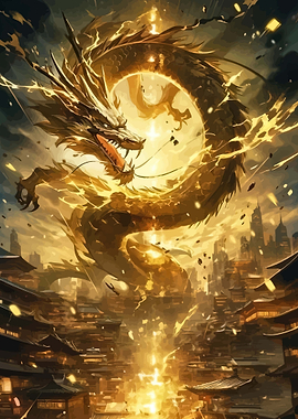 Golden Dragon Over City