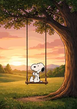 Snoopy on a swing at sunset