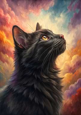 Black Cat Looking Up at Colorful Sky