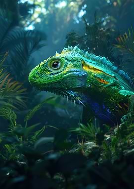 Vibrant Green Iguana in Lush Jungle