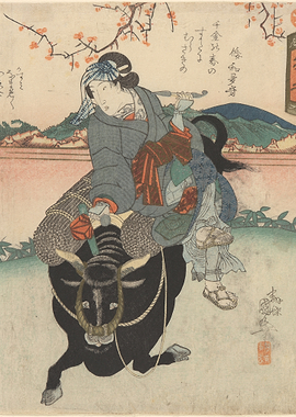 Vintage Japanese Woodblock Print Samurai Riding Ox