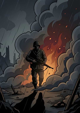 Soldier in a burning battlefield