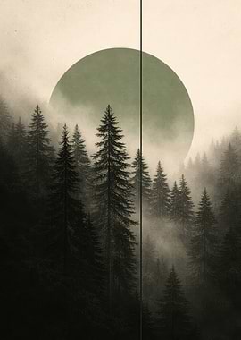 Misty Forest with Green Sun