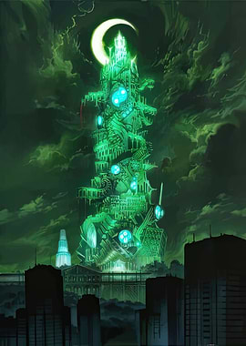 Gleaming Green Tower Under Crescent Moon