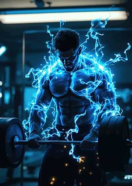 Muscular man lifting weights with blue energy