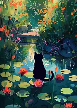 Black Cat in a Lily Pond