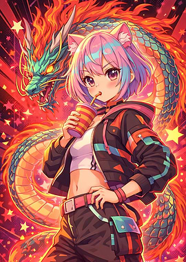 Anime Girl with Dragon and Drink