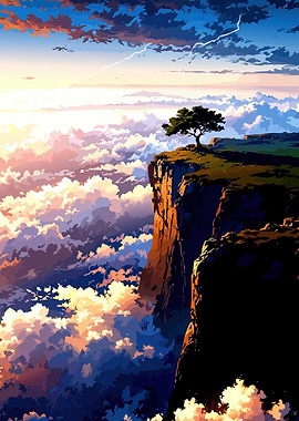 Lone tree on a cliff above clouds