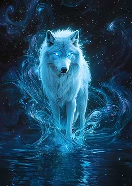 Mystical White Wolf in Cosmic Waters