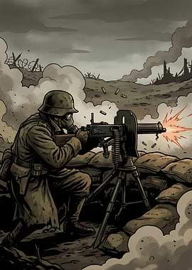 World War I Soldier Firing Machine Gun
