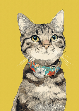 Tabby Cat Wearing a Floral Collar