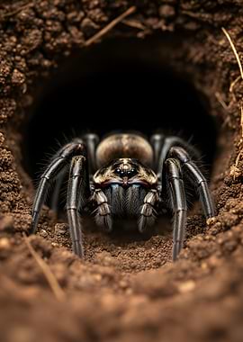 Spider emerging from a hole
