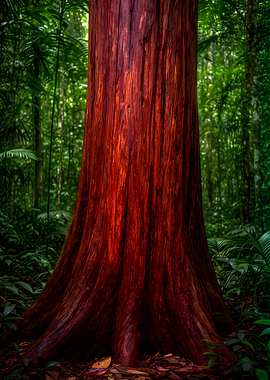 Giant Red Tree Trunk in Lush Forest