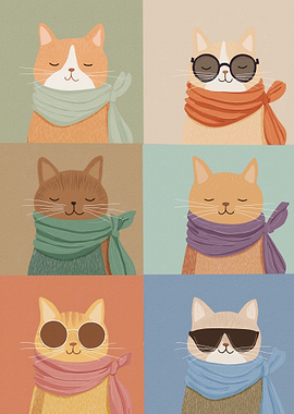 Six Cats Wearing Scarves and Sunglasses