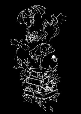 Fantasy Book Stack with Dragons and Girl