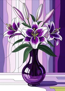 Purple Lilies in a Stained Glass Vase