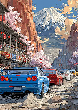 Japanese Street Race with Mount Fuji