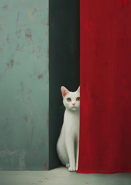White Cat Peeking Behind Red Curtain