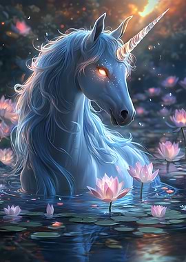 Magical Unicorn in a Lotus Pond