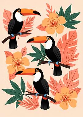 Tropical Toucans and Hibiscus Flowers