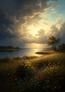 Stormy Sunset Over a Meadow Lake