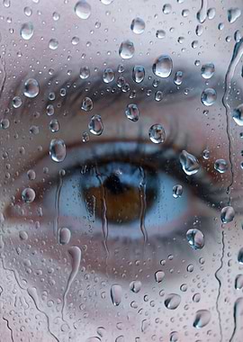 Eye behind raindrops on glass