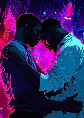 Cyberpunk men in romantic embrace