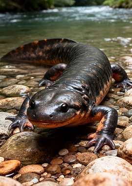 Giant Salamander in a Rocky Stream