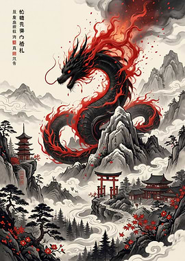 Dragon Over Japanese Landscape