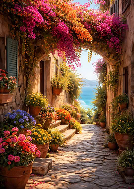 Mediterranean Alley with Flowers and Sea View