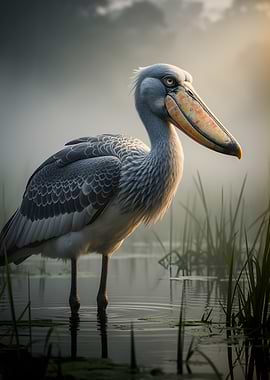 Shoebill Stork in Misty Wetlands